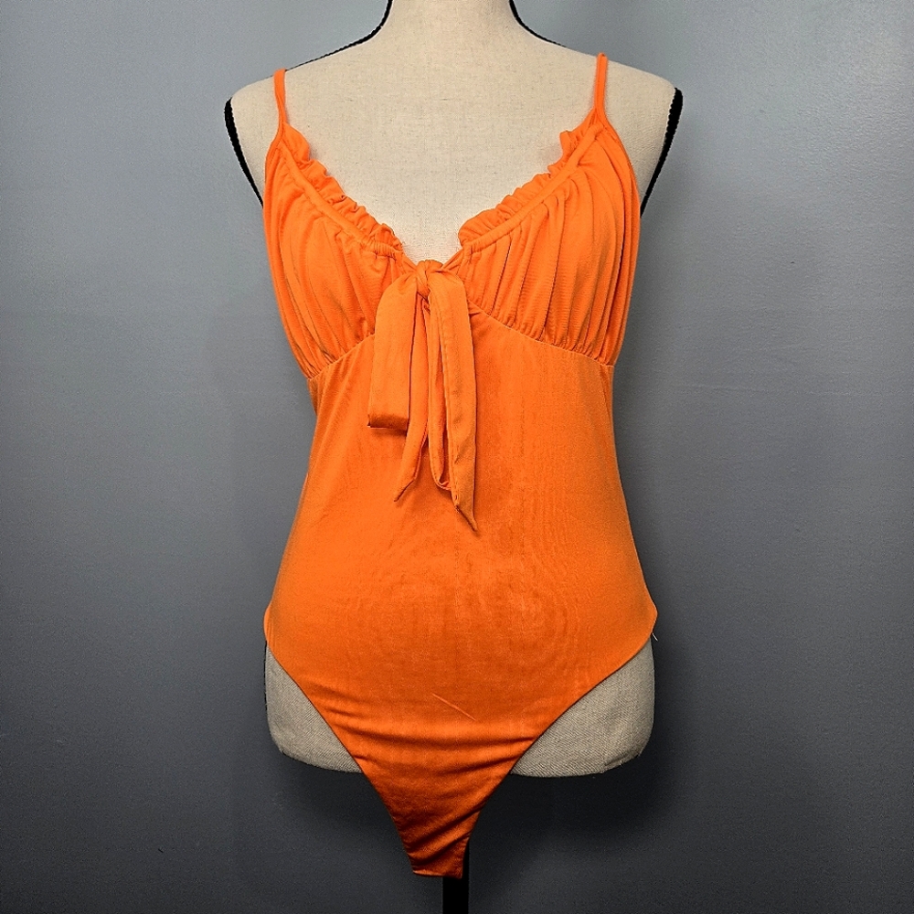 The Kript Flame Orange Bodysuit Womens Size Medium Front Tie High‎ Cut Leg